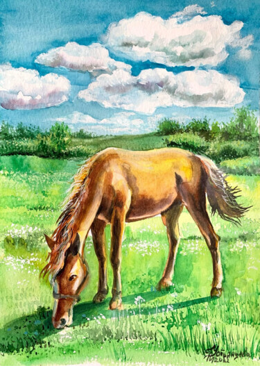 Malerei mit dem Titel "Horse watercolor pa…" von Tatyana Ustyantseva, Original-Kunstwerk, Aquarell