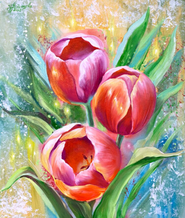 Pintura intitulada "Red Tulips painting" por Tatyana Ustyantseva, Obras de arte originais, Óleo