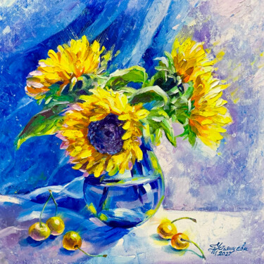 Painting titled "Sunflowers and cher…" by Tatyana Ustyantseva, Original Artwork, Oil