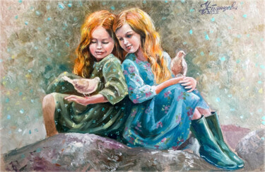 Peinture intitulée "Girls and pigeons o…" par Tatyana Ustyantseva, Œuvre d'art originale, Huile