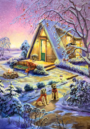 Painting titled "Cozy winter landsca…" by Tatyana Ustyantseva, Original Artwork, Oil