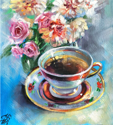 Pittura intitolato "Cup of tea oil pain…" da Tatyana Ustyantseva, Opera d'arte originale, Olio