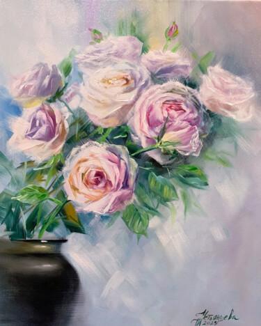 Malerei mit dem Titel "Roses in a dark vase" von Tatyana Ustyantseva, Original-Kunstwerk, Öl