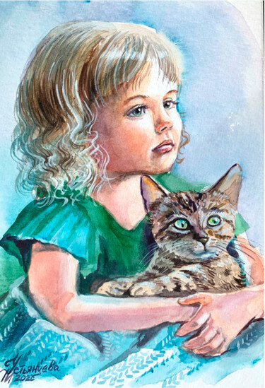 Pintura intitulada "girl and cat waterc…" por Tatyana Ustyantseva, Obras de arte originais, Aquarela