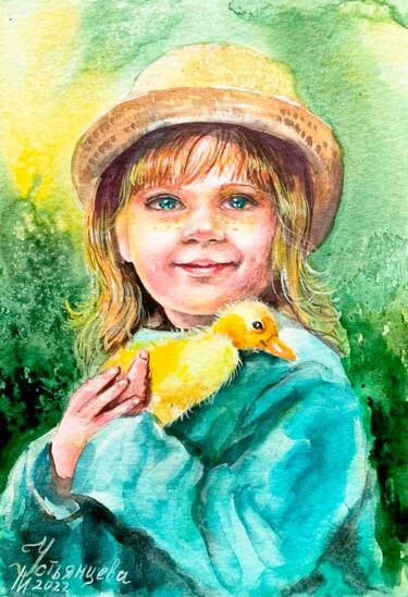 Pintura intitulada "A girl with a duckl…" por Tatyana Ustyantseva, Obras de arte originais, Aquarela