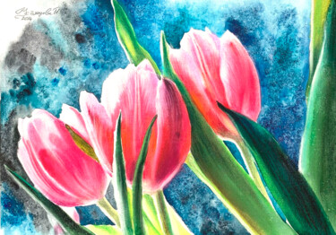 Malerei mit dem Titel "Red tulips  waterco…" von Tatyana Ustyantseva, Original-Kunstwerk, Aquarell