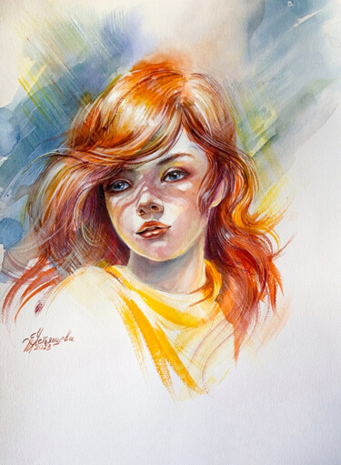 Pintura intitulada "Portrait red-haired…" por Tatyana Ustyantseva, Obras de arte originais, Aquarela