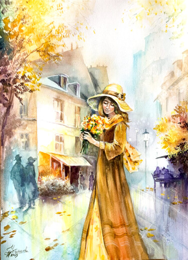 Картина под названием "Autumn in the city…" - Tatyana Ustyantseva, Подлинное произведение искусства, Акварель
