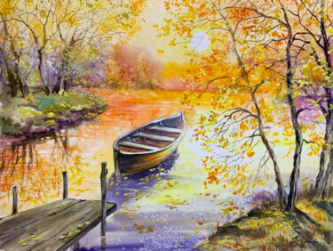 Painting titled "Autumn landscape wi…" by Tatyana Ustyantseva, Original Artwork, Watercolor