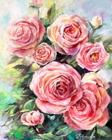 Ζωγραφική με τίτλο "Pink Roses" από Tatyana Ustyantseva, Αυθεντικά έργα τέχνης, Λάδι