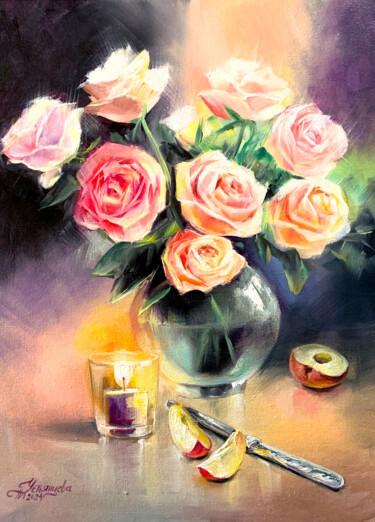Ζωγραφική με τίτλο "Roses in a vase and…" από Tatyana Ustyantseva, Αυθεντικά έργα τέχνης, Λάδι