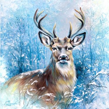 Ζωγραφική με τίτλο "Deer in the winter…" από Tatyana Ustyantseva, Αυθεντικά έργα τέχνης, Λάδι