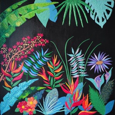 Painting titled "Jardin Fleuri" by Teora, Original Artwork, Acrylic Mounted on Wood Stretcher frame