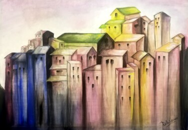 Painting titled "" Colori nel borgo "" by Teresa Di Marte, Original Artwork, Tempera Mounted on Wood Stretcher frame