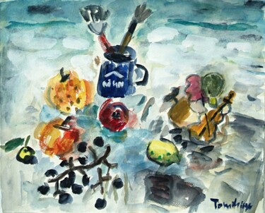 Painting titled "Fruits and violinist" by Terushige Matsumoto, Original Artwork, Watercolor