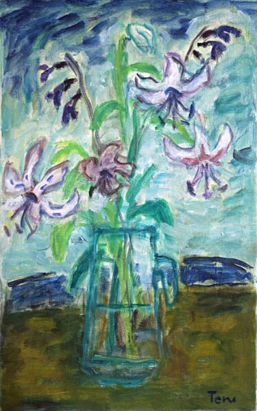 Schilderij getiteld "Japanese lilies" door Terushige Matsumoto, Origineel Kunstwerk, Olie