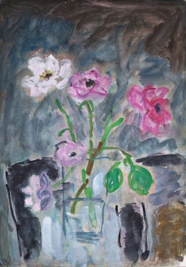 Peinture intitulée "Pink roses in a gar…" par Terushige Matsumoto, Œuvre d'art originale, Gouache