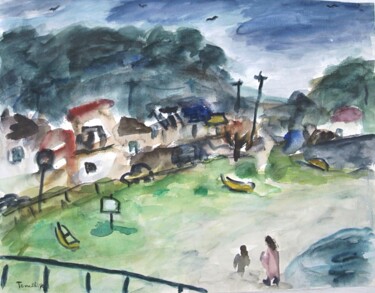 Malerei mit dem Titel "Japanese seaside la…" von Terushige Matsumoto, Original-Kunstwerk, Aquarell