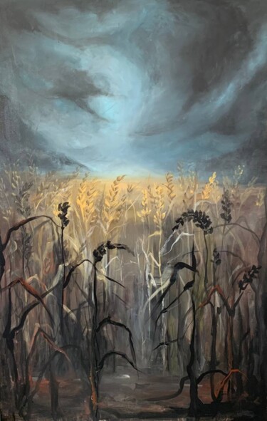 Painting titled "Wheat under threat" by Tetiana Horets, Original Artwork, Acrylic Mounted on Wood Stretcher frame