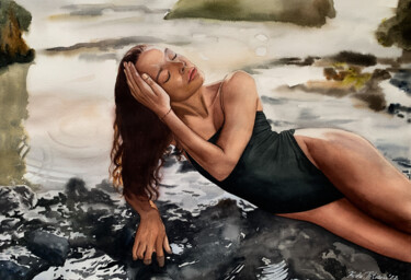Pintura titulada "WOMAN ON THE BEACH" por Tetiana Koda, Obra de arte original, Acuarela