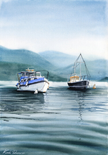 Painting titled "Boats on Lago d’Ort…" by Tetiana Koda, Original Artwork, Watercolor