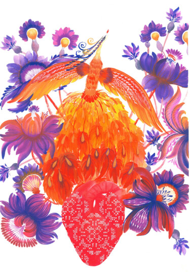 Ζωγραφική με τίτλο "Phoenix" από Tetiana Savchenko, Αυθεντικά έργα τέχνης, Γκουάς