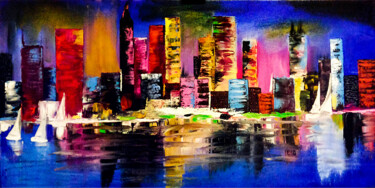 「Night city Painting」というタイトルの絵画 Tetiana Surshko (SurshkoArt)によって, オリジナルのアートワーク, オイル