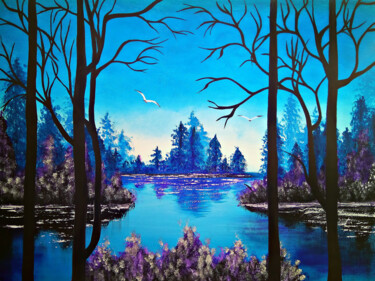 Painting titled "Blue lake Painting" by Tetiana Surshko (SurshkoArt), Original Artwork, Oil