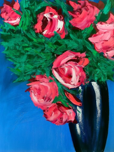 Painting titled "Bouquet in a blue v…" by Tetiana Surshko (SurshkoArt), Original Artwork, Oil