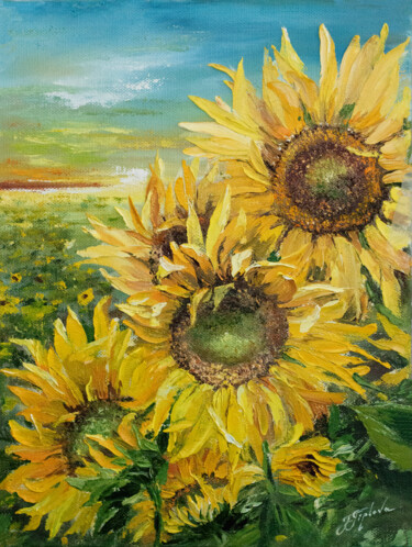 Painting titled ""SUNFLOWER FIELD"" by Tetiana Tiplova, Original Artwork, Oil