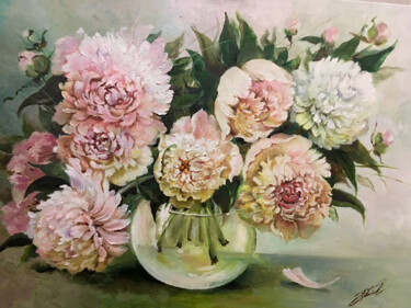 Картина под названием "''PEONIES IN A GLAS…" - Tetiana Tiplova, Подлинное произведение искусства, Масло