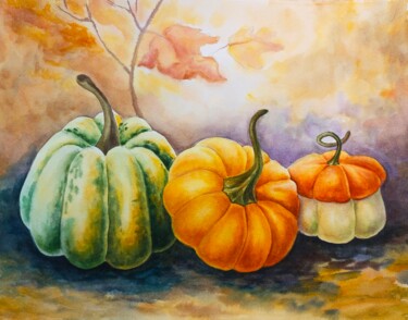 Pintura intitulada "Autumn pumpkins" por Tetiana Vlasenko, Obras de arte originais, Aquarela