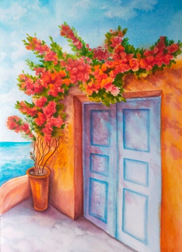 Peinture intitulée "Santorini Summer Dr…" par Tetiana Vlasenko, Œuvre d'art originale, Aquarelle
