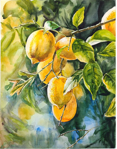 Картина под названием "Lemon branch" - Tetiana Zelinska, Подлинное произведение искусства, Акварель
