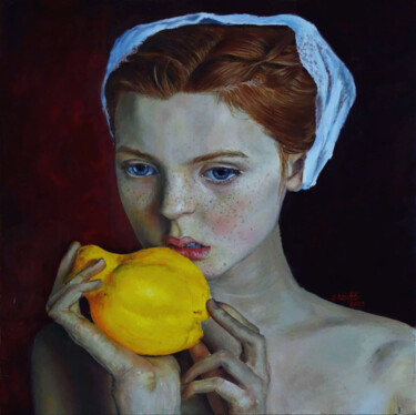 Painting titled "La fille avec coing1" by Tetiana Zheida, Original Artwork, Oil Mounted on Wood Stretcher frame