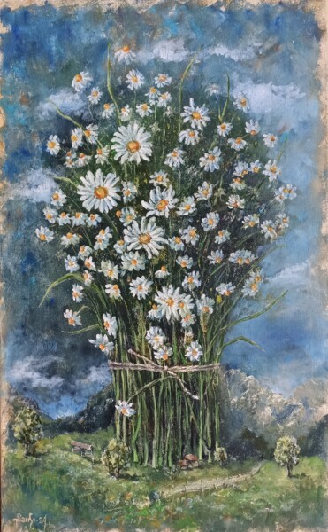 Painting titled "Alpine daisies." by Tetyana Donets, Original Artwork, Oil Mounted on Wood Stretcher frame