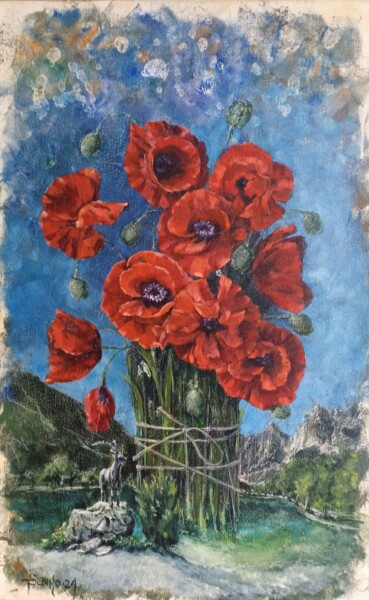 Painting titled "Alpine poppy." by Tetyana Donets, Original Artwork, Oil Mounted on Wood Stretcher frame