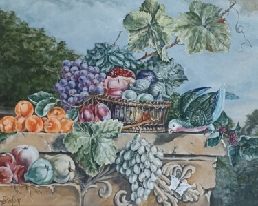 Painting titled "Parrot and basket o…" by Tetyana Donets, Original Artwork, Oil Mounted on Other rigid panel