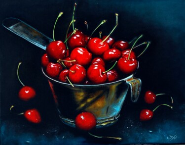 Painting titled "Cherry Feast" by Tetyana Hamilton, Original Artwork, Oil Mounted on Wood Stretcher frame