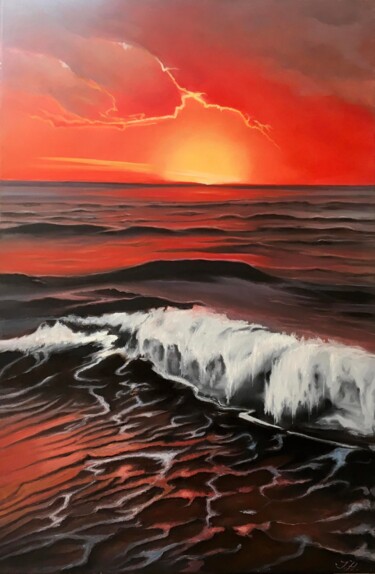 「Red Sunset Over Oce…」というタイトルの絵画 Tetyana Hamiltonによって, オリジナルのアートワーク, オイル ウッドストレッチャーフレームにマウント