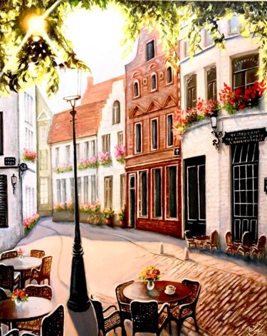 Malarstwo zatytułowany „Charming Bruges.” autorstwa Tetyana Hamilton, Oryginalna praca, Olej Zamontowany na Drewniana rama n…