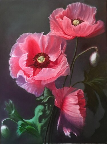 Painting titled "Tender poppy flowers" by Tetyana Hamilton, Original Artwork, Oil Mounted on Wood Stretcher frame