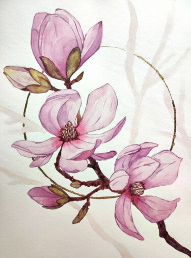 Schilderij getiteld "Lily Magnolia" door Tetyana Levchuk, Origineel Kunstwerk, Aquarel