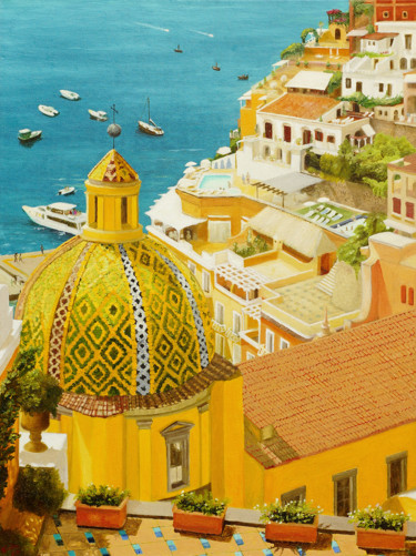 Painting titled "Positano" by Tudor Gafton, Original Artwork, Oil Mounted on Wood Stretcher frame