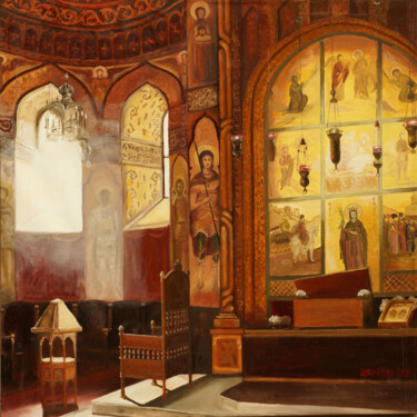 Painting titled "Monastery of the Th…" by Tudor Gafton, Original Artwork, Oil Mounted on Wood Stretcher frame