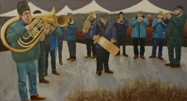 Painting titled "The Brass Band" by Tudor Gafton, Original Artwork, Oil Mounted on Wood Stretcher frame