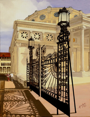 Painting titled "Romanian Atheneum" by Tudor Gafton, Original Artwork, Oil Mounted on Wood Stretcher frame