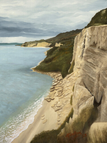 Painting titled "Thracian Cliffs" by Tudor Gafton, Original Artwork, Oil Mounted on Wood Stretcher frame