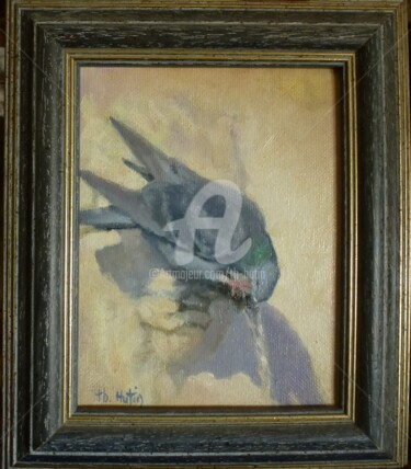 Painting titled "pigeon-a-la-fontaine" by Th. Hutin, Original Artwork