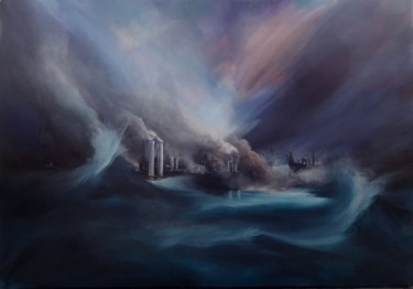 「Factory at Sea」というタイトルの絵画 Pascal Fesslerによって, オリジナルのアートワーク, アクリル ウッドストレッチャーフレームにマウント